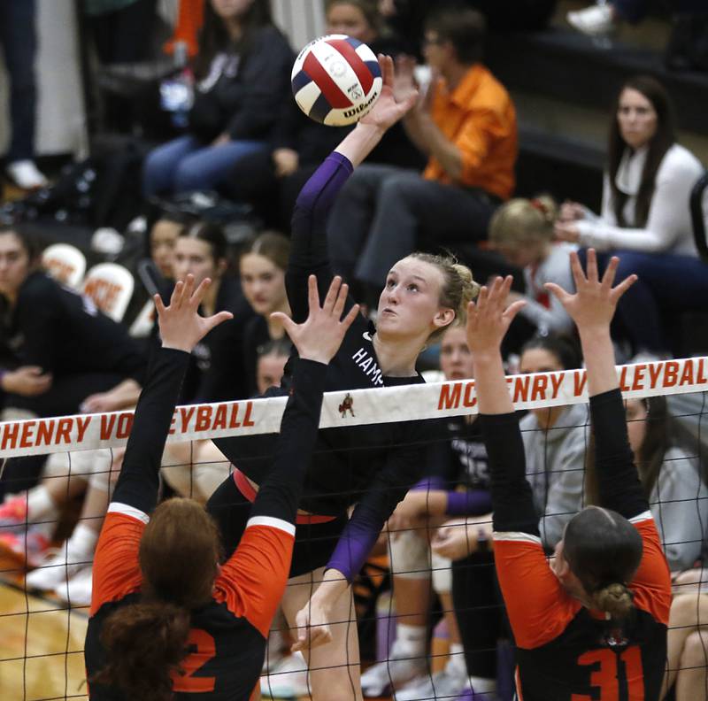 Hampshire's Elizabeth King spikes the ball past the block pf Libertyville's Libertyville's Grace Coughlin and Elle Knight during an IHSA Class 4A McHenry Sectional volleyball match on Tuesday, Nov. 5, 2024, at McHenry High School Freshman Campus.