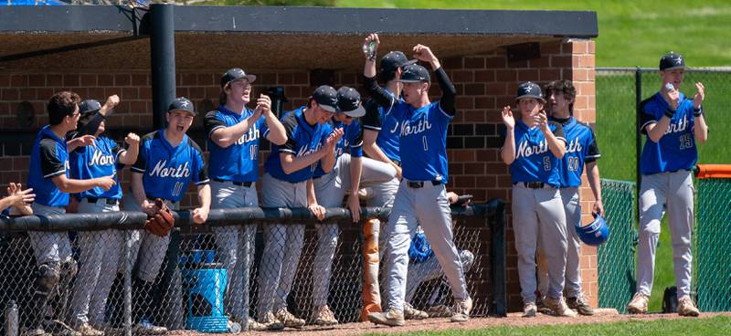 St. Charles North players celebrate after a score against St. Charles East during a baseball game at St. Charles East High School on Saturday, May 7, 2022.