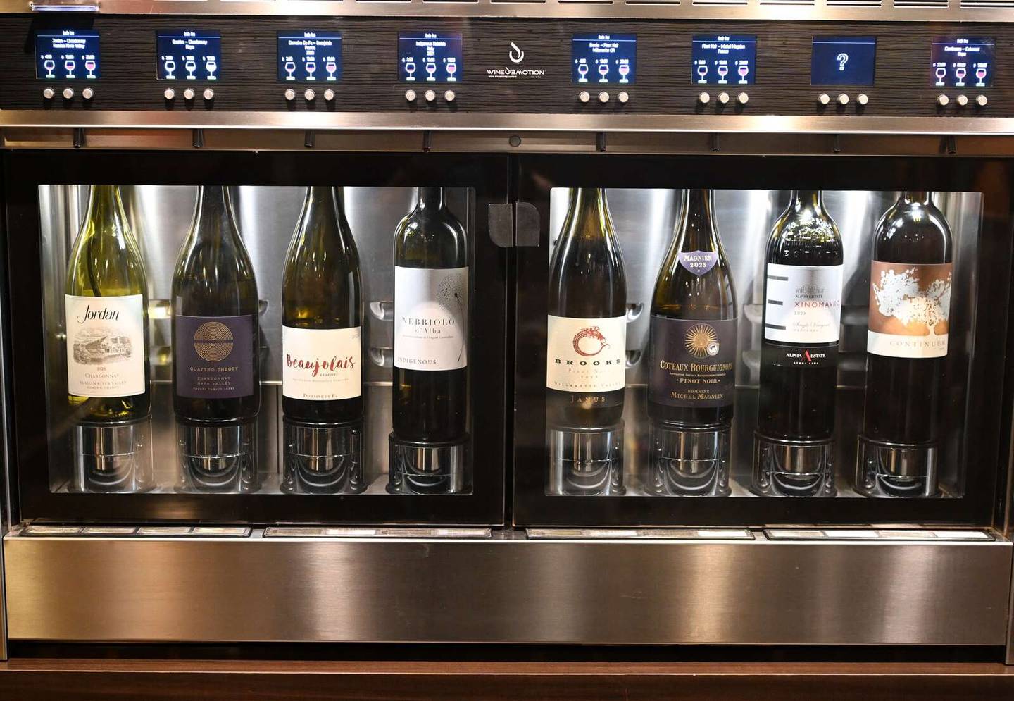 A self-pour, wine-by-the-glass system allows guests to try one-, three- and five-ounce pours of wine.
