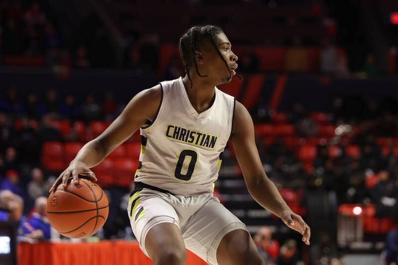 Yorkville Christian’s K.J. Vasser looks for a play against Liberty in the Class 1A championship game at State Farm Center in Champaign. Friday, Mar. 11, 2022, in Champaign.
