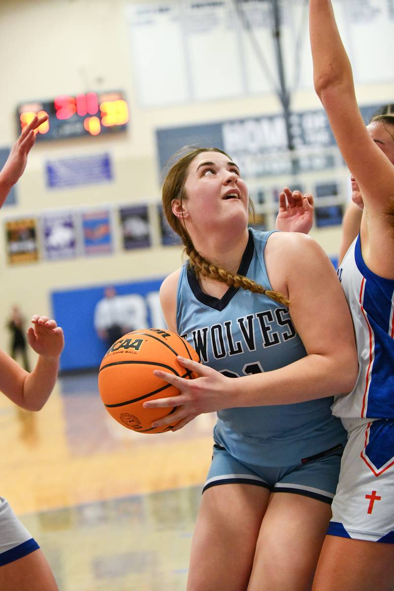 Cissna Park's Lauryn Hamrick looks to shoot under pressure during the Timberwolves' 47-35 victory over St. Teresa in the IHSA Class 1A Blue Ridge Super-Sectional on Monday, March 3.