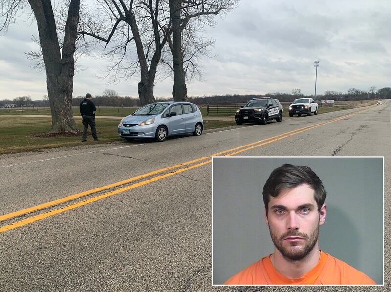 Nicholas C. Lopardo, inset, is charged with shooting at three occupied vehicles, including one driven by a mail carrier, another a McHenry police vehicle and a third a McHenry County Sheriff's Office vehicle, near the intersection of Veterans Parkway and Barreville Road in McHenry.