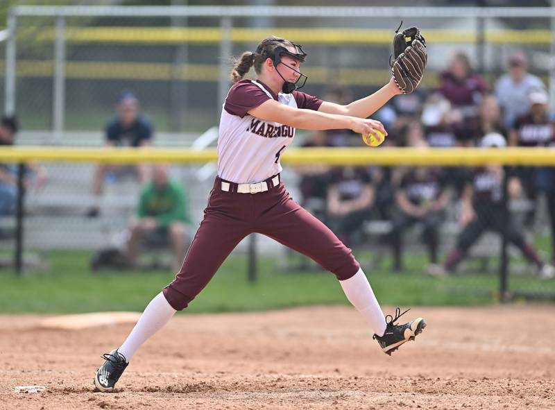 Marengo's Josephine Christiansen throws a pitch during the non-conference game against Lockport on Saturday, April. 27, 2024, at Lockport.