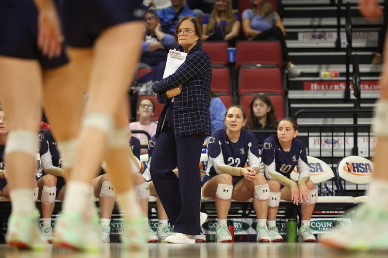 IC Catholic head coach Nancy Kerrigan against Mater Dei in the Class 2A Volleyball Championship match on Saturday, Nov. 11, 2023 in Normal.