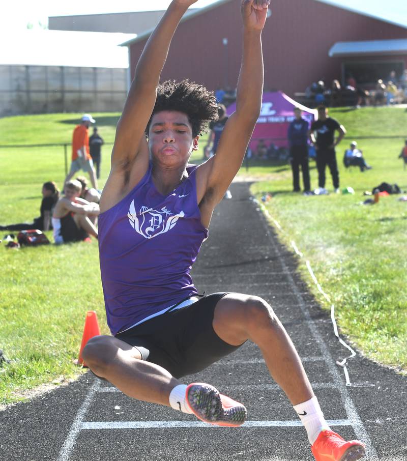 Dixon's Xavion Jones competes in the long jump at the Big Northern Conference Meet at Stillman Valley on Thursday, May 14, 2026.