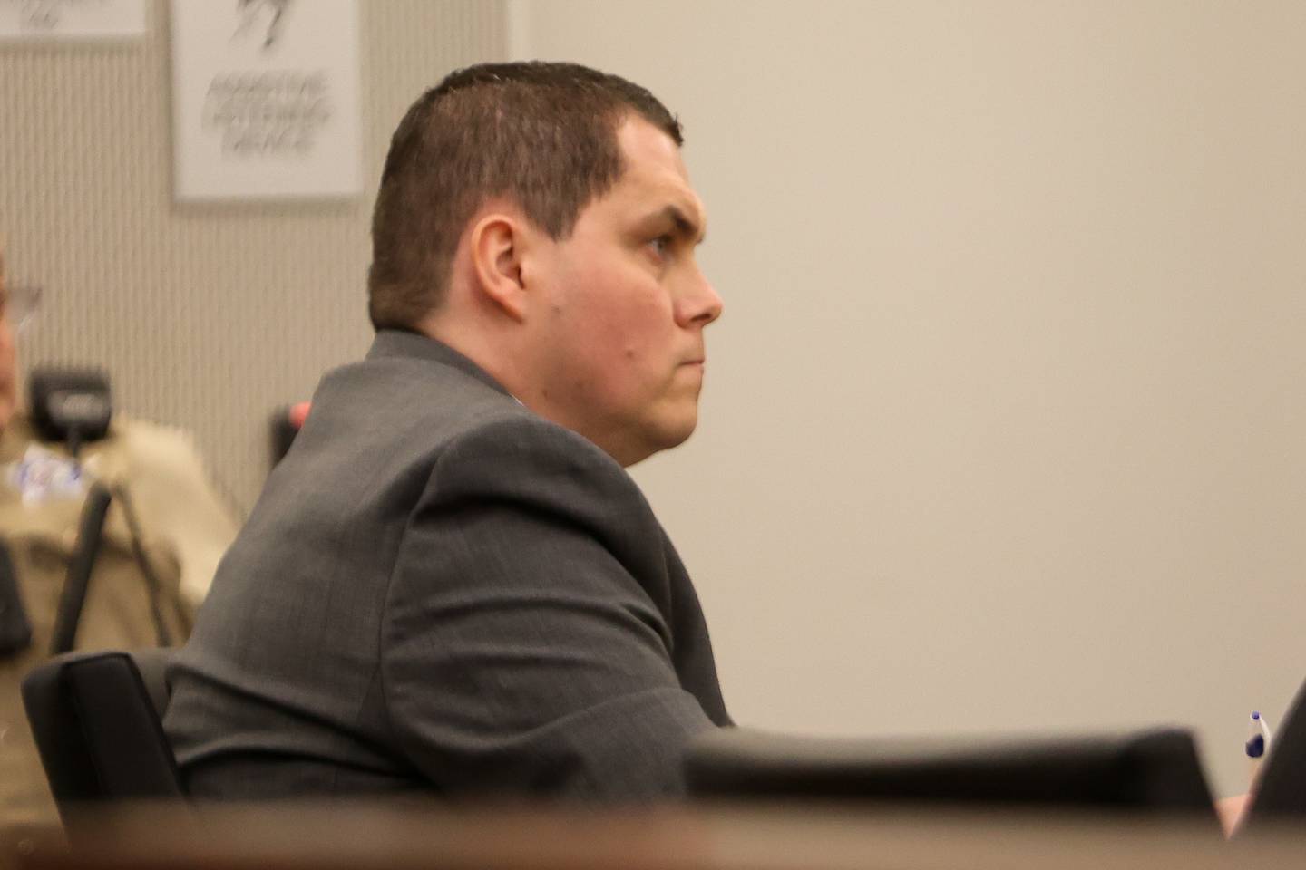 Jeremy Boshears, 36, sits in the courtroom during opening comments. Boshears is charged with the murder of Kaitlyn “Katie” Kearns, 24, on Nov. 13, 2017. Thursday, April 14, 2022, in Joliet.