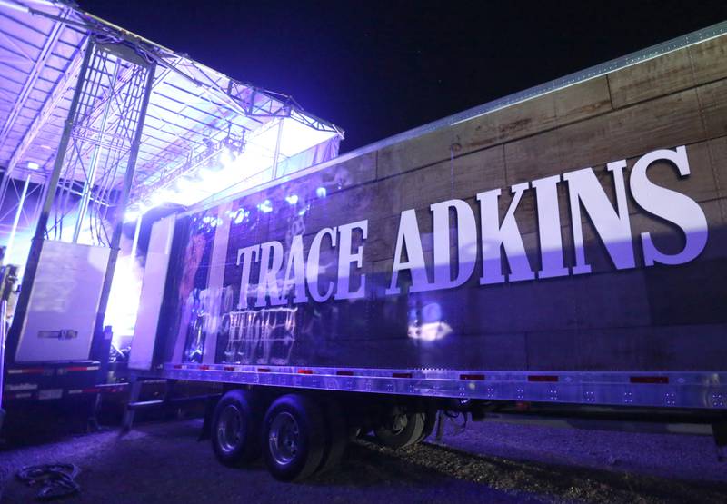 A Trace Adkins equipment semi trailer is parked behind the stage on Thursday, Aug. 21, 2025 at the Bureau County Fair in Princeton.