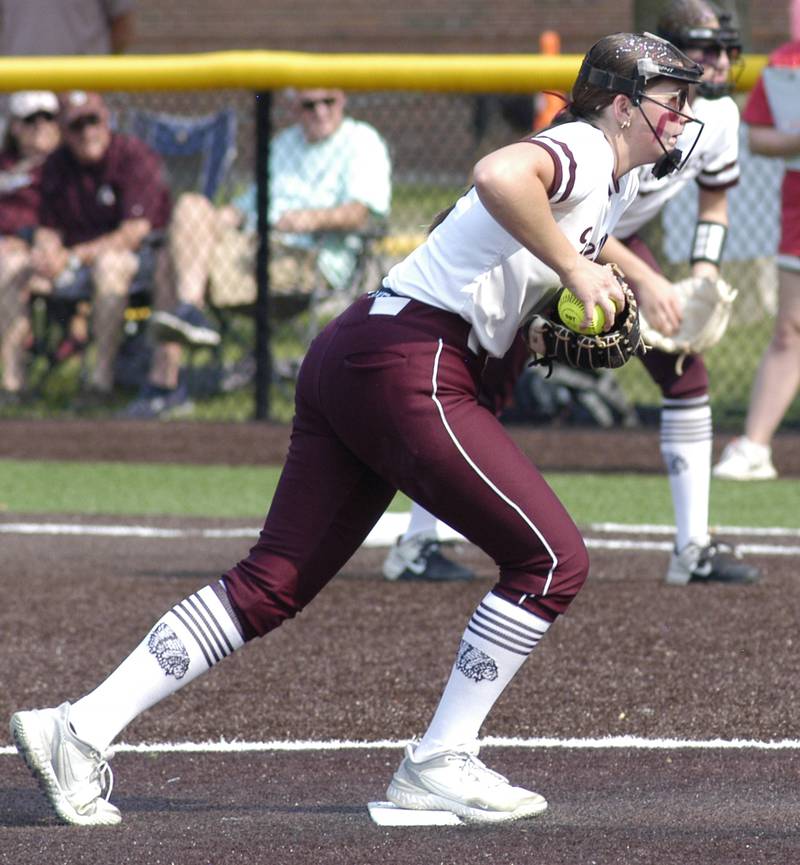 Dakota pitcher AJ Howarth Gets ready to pitch. Dakota and Henry-Senachwine softball met in  Illinois  Class 1A Super Sectional in Sterling on June 2, 2025. Dakota won the contest 2-0.