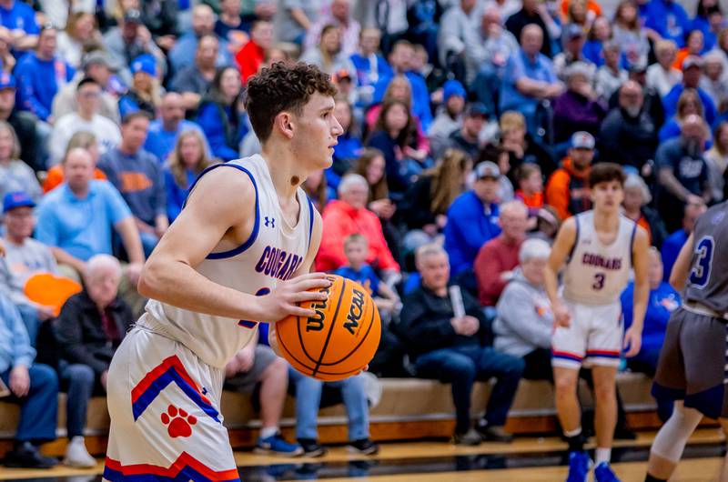 Eastland Peyton Spears looks to inbound the ball during the second half of the Regional championship game against Sterling Newman at West Carroll on Friday, February 28, 2025.