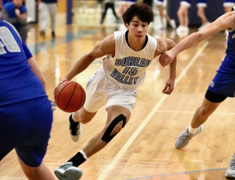 Bureau Valley's Corban Chhim drives against Princeton at the Storm Cellar Thursday night. The Storm won 62-56.