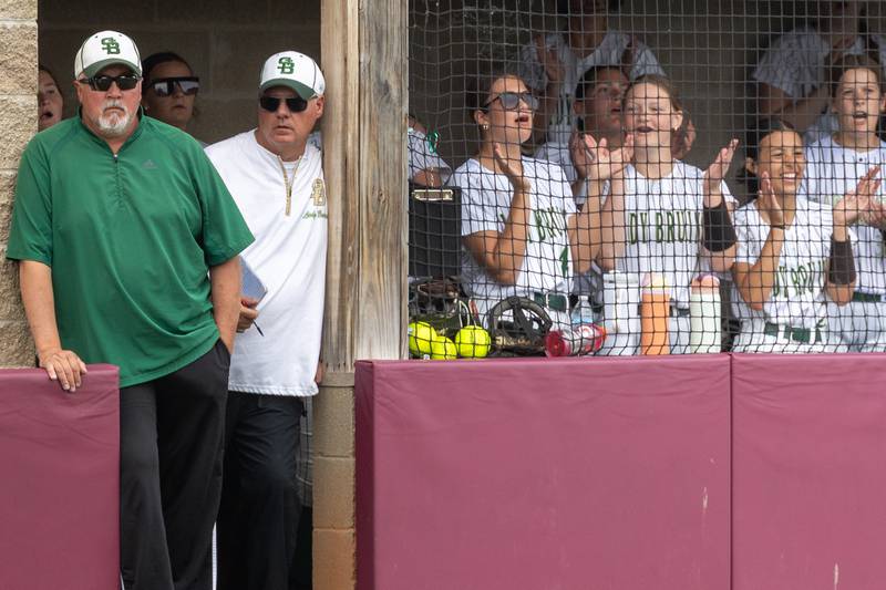 St. Bede’s dugout cheers on Tuesday, May 27, 2025 at Illinois Valley Central High School in Chillicothe.