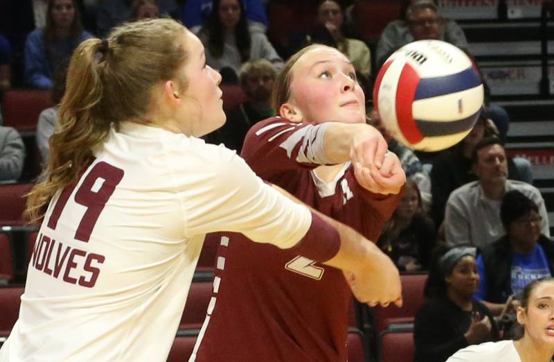 Prairie Ridge's Tegan Vrbancic and Allison Rogers return a serve from Limestone during the Class 3A State semifinal game on Friday, Nov. 15, 2024 at CEFCU Arena in Normal.