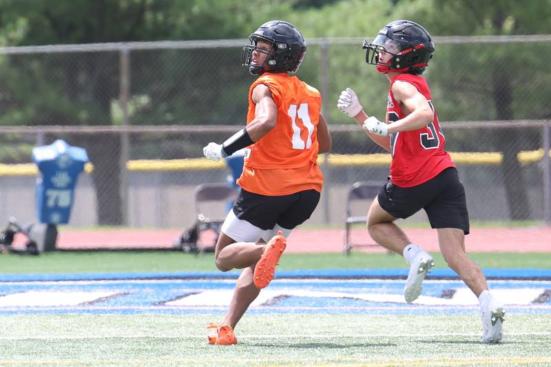 Lincoln-Way West wideout Austin Rowswell, 11, runs a deep route during a 7-on-7 scrimmage at Lincoln-Way East on Tuesday, July 18th, 2023 in Frankfort.