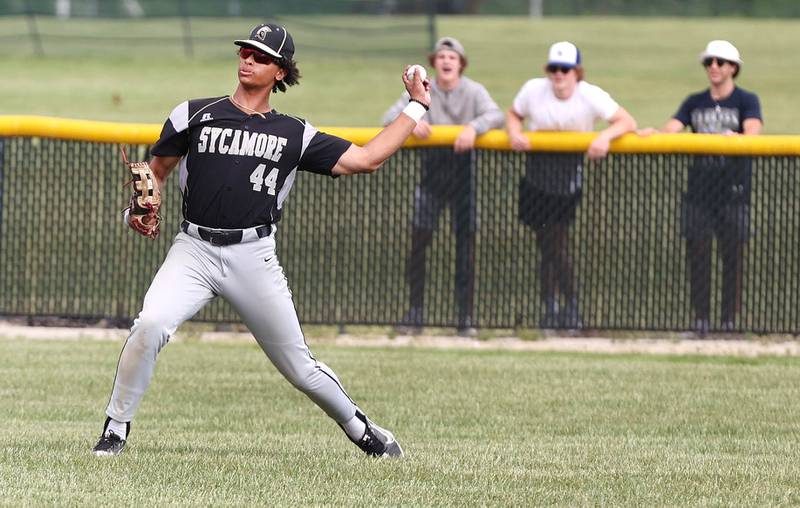 Sycamore's Tommy Townsend gets the ball back into the infield during their Class 3A regional semifinal against St. Francis Thursday, June 1, 2023, at Kaneland High School in Maple Park.