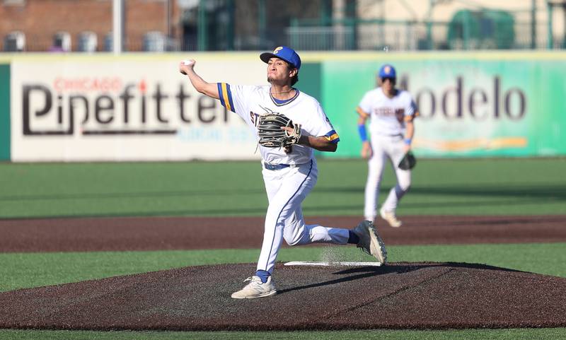 Joliet Central’s Nathan Maldonado delivers a pitch against Aurora East on Monday, Mar. 11th in Joliet.