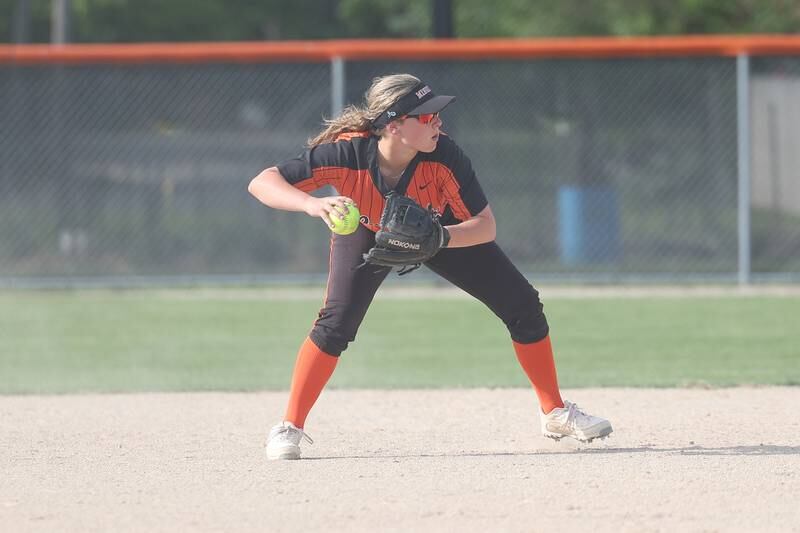 Minooka’s Karli McMilin makes a throw to second for the out against Normal in the Class 4A sectional semifinal on Tuesday, May 21, 2024 in Minooka.