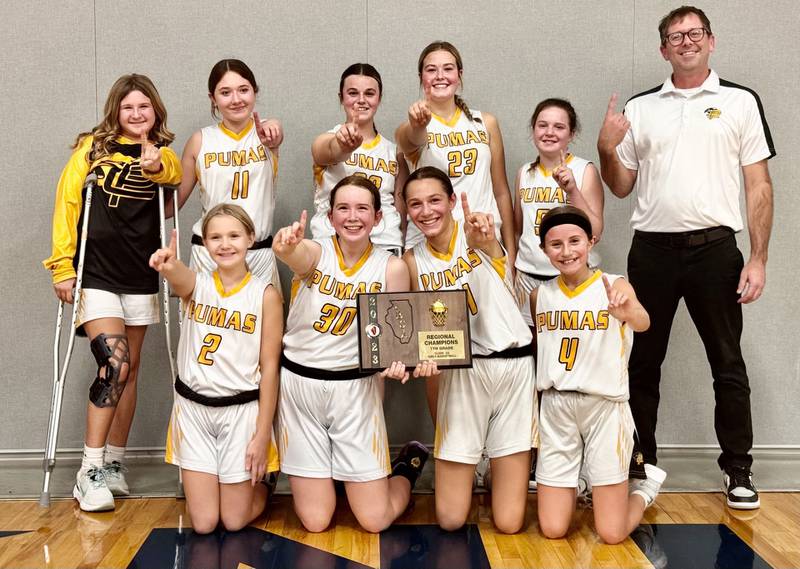 The Putnam County seventh-grade Pumas basketball team made school history by advancing to the state tournament for the first time. Team members are McKenna Wrobleski, Kami Nauman, Hannah Heiberger, Anni Judd, Avery Lenkaitis, Millie Harris, McKlay Gensini, Tula Rue, Murphy Hopkins and coach Nick Heuser.