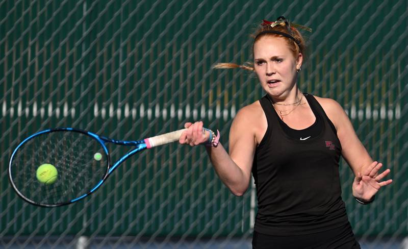 Plainfield North’s Jessica Kovalcik returns the ball during Class 2A championship match of the girls state tennis tournament at Hersey High School on Saturday, Oct. 26, 2024 in Arlington Heights.