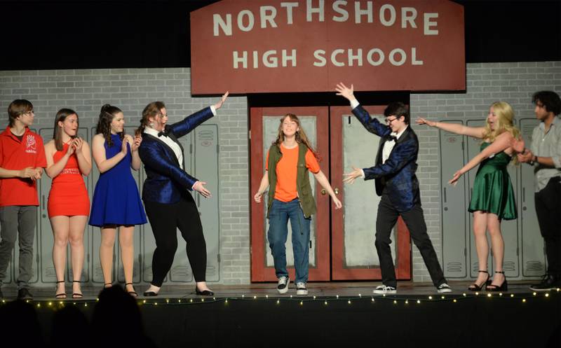 Heather Huizenga (center) portrayed Cady Heron during Erie-Prophetstown High School's production of Mean Girls on Saturday, April 13, 2024. Also pictured are Robert Winters, Gradelyn Abell, Jolene Wells, Kai Pritchard, and Gianna Burke.
