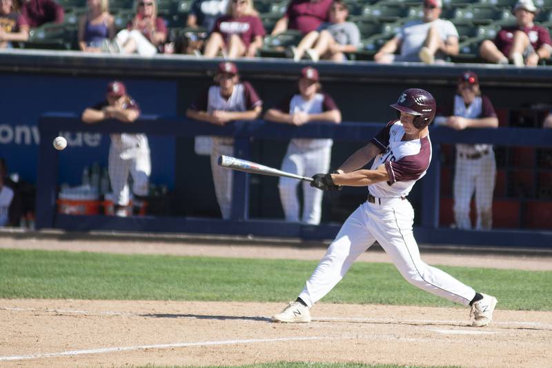 Richmond-Burton’s Ethan Fischer drives in the first run for the Rockets against Maroa-Forsyth Friday, June 3, 2022 during the IHSA Class 2A baseball state semifinal.