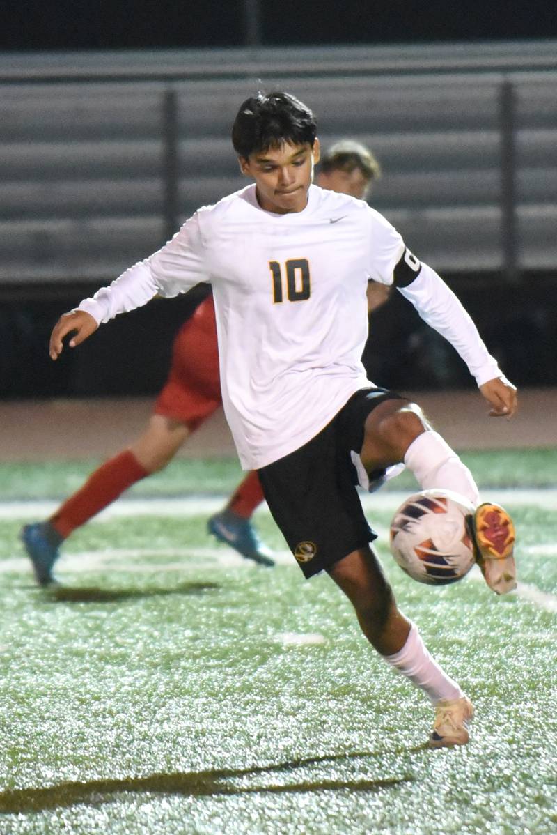 Herscher's Luis Parra gets his foot on a loose ball during a game at Bradley-Bourbonnais Thursday, Sept. 11, 2025.