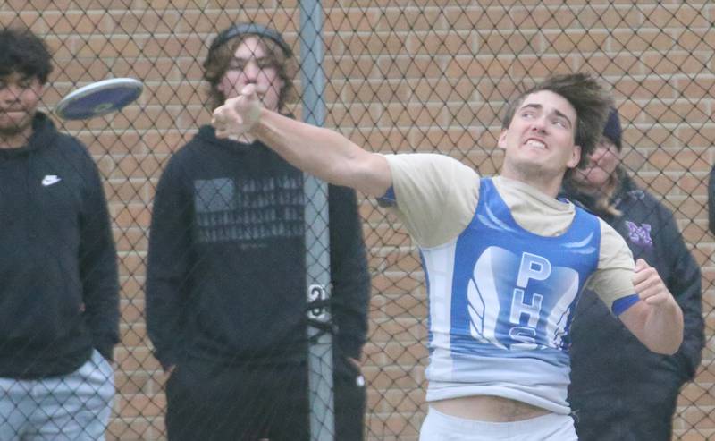 Princeton's Landen Hoffman throws discus during the Class 2A Sectional meet on Wednesday, May 21, 2025 at Pontiac High School.
