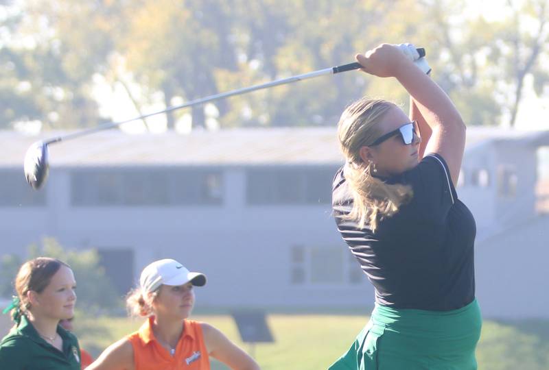 Seneca's Camryn Stecken tees off during the Class 1A Regionals on Tuesday, Sept. 30, 2025 at Spring Creek Golf Course in Spring Valley.