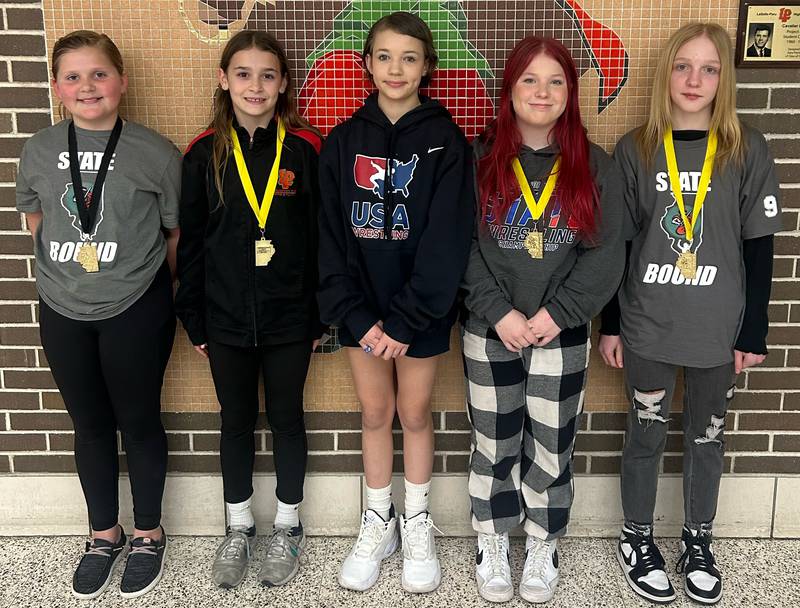 Members of the L-P Crunching Cavs youth wrestling club (from left) Collins Miller, Kylie Kasprak, Livi Hawkins, Lailah Vaughn and Lily Deibel pose with the medals they won at the Illinois Kids Wrestling Federation State Tournament. Hawkins won the novice 87-pound title, Deibel (novice, 94), Vaughn (senior, 127) placed fourth and Kasprak (intermediate, 80) placed fourth and Miller (intermediate, 135) finished eighth.