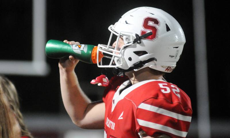 Streator's Jacob Isermann takes a drink on Friday, Aug. 29, 2025 at Doug Dieken Stadium in Streator.