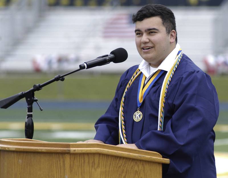 SHS senior Gavin Fischer tells the crowd about  "The New Kid."  The Sterling High School Class of 2026 Commencement Ceremony was held on Sunday, May 17, 2026, at Roscoe Eades Field in Sterling.