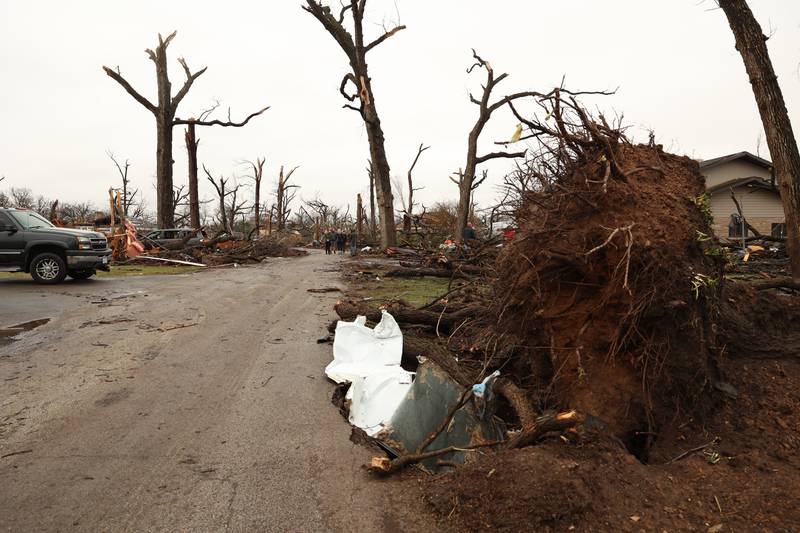 Damage is seen along Elmwood Drive in Aroma Park  on March 11, 2026 following a March 10 tornado that passed through Kankakee County.