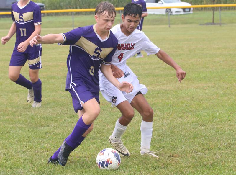 Serena's Clayton Gregory, takes the ball away from Earlville's Alvin Hernandez, on Wednesday, Sept. 3, 2025 at Serena High School.