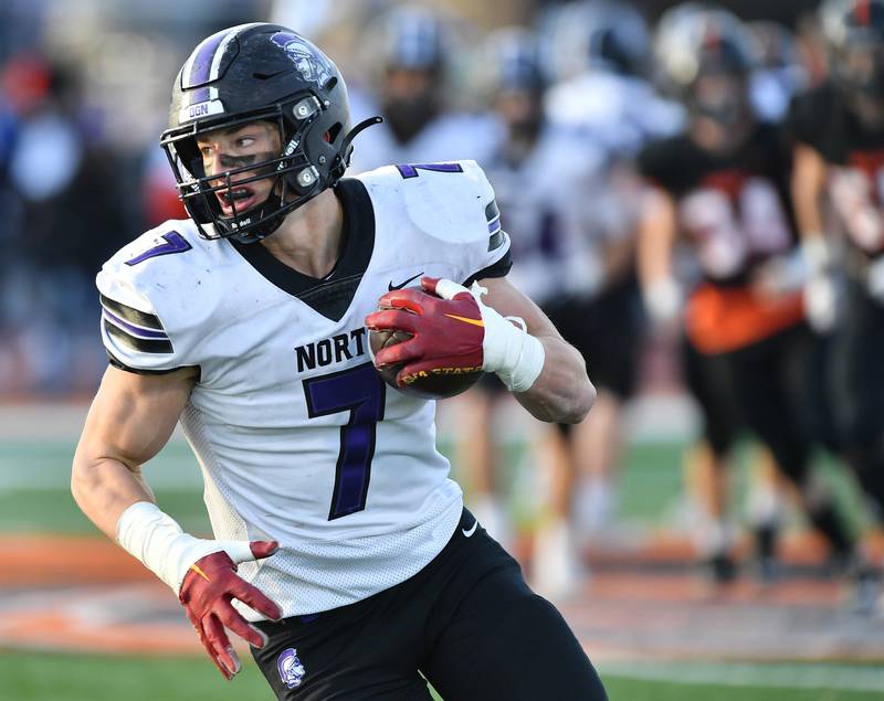 Downers Grove North tight end Cael Brezina turns to the end zone for a touchdown after a reception against Lincoln-Way West during an IHSA Class 7A quarterfinal game on Nov. 11, 2023 at Lincoln-Way West High School in New Lenox.