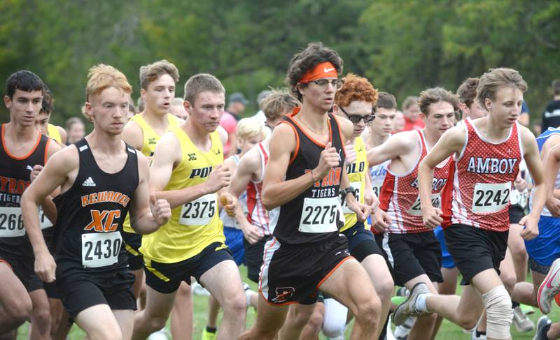 Polo-Forreston, Byron, and Amboy runners start the boys race at the Amboy Columbus Day Cross Country Invitational at Shady Oaks Country Club near Amboy on Monday, Oct. 13, 2025.