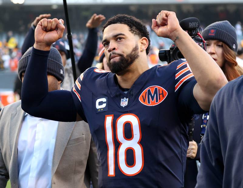Chicago Bears quarterback Caleb Williams celebrates Sunday, Nov. 23, 2025, after their 31-28 win over the Pittsburgh Steelers at Soldier Field in Chicago.