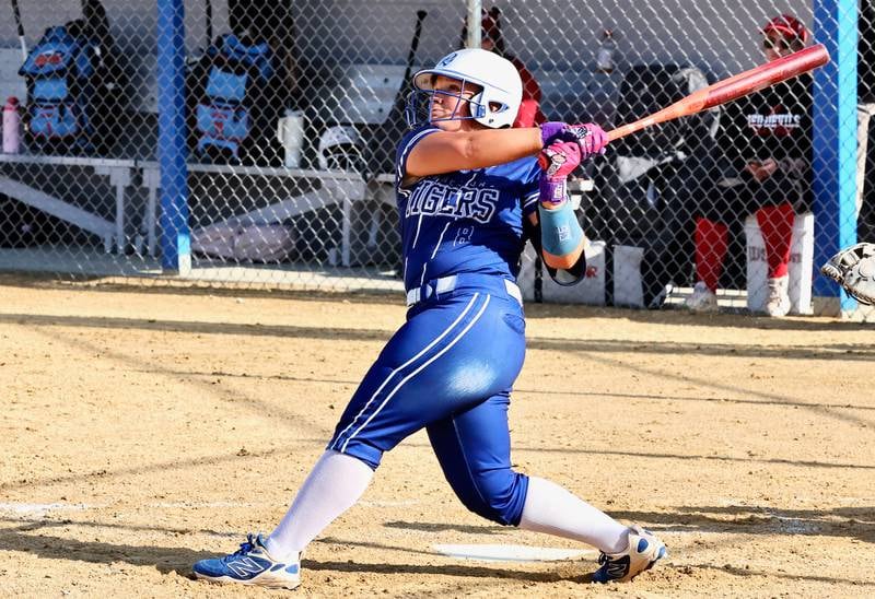 Princeton's Avah Oertel follows through on her swing during the Tigresses' 15-0, four-inning victory on Thursday, May 7, 2026 in Princeton.