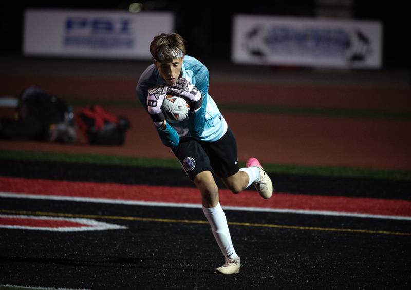Manteno's Cayden Lacher makes a routine save in goal against Bradley-Bourbonnais on Tuesday, September 16, 2025.