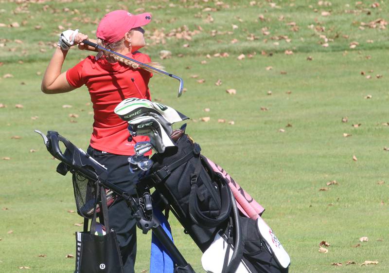 Lincoln-Way Centra's Allison Garofalo hits toward the 10th hole during the Class 2A Regional girls golf meet on Tuesday, Oct. 1, 2024 at Senica's Oak Ridge  Golf Club in La Salle.