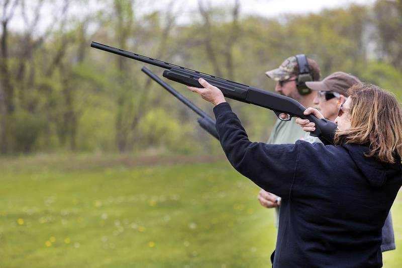 Teresa Blackburn tries her hand at trap shooting Saturday, May 6, 2023 at the Tri-County Gun Club’s open house. The Polo-area club opened its ranges so visitors could learn about guns and gun safety.