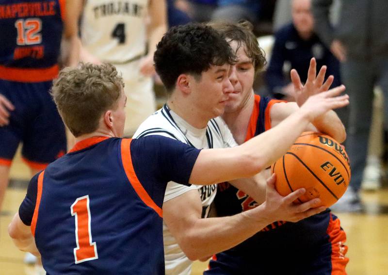Cary-Grove’s  Brady Bauer heads for the hoop against Naperville North in varsity boys basketball Hinkle Holiday Classic action on Monday, Dec. 21, 2025, at Jacobs High School in Algonquin.