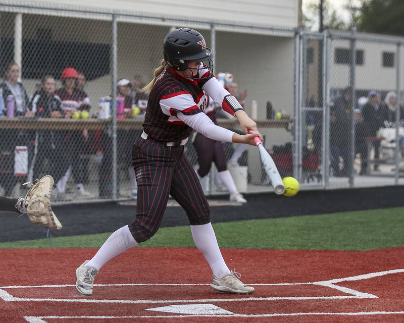 Yorkville's Callie Ferko (9) connects on a pitch during softball game between Oswego at Yorkville. May 5, 2026 in Yorkville.