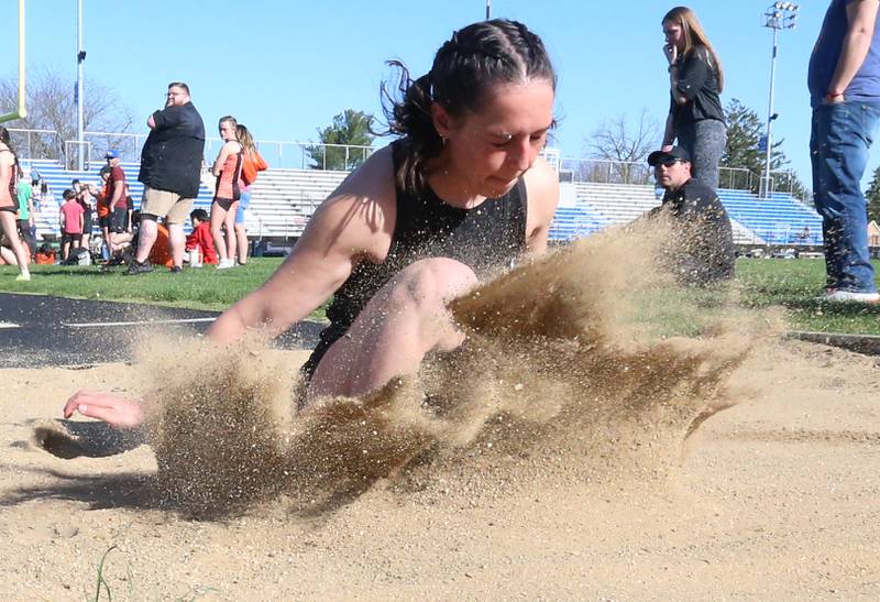 Rock Falls's Ashlyn Fargher competes in the triple jump during the Ferris Invitational on Monday, April 15, 2024 at Princeton High School.