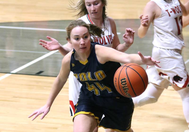Polo's Bekah Zeigler and Indian Creek's Jolee Larson go after a loose ball during their Class 1A regional game Tuesday, Feb. 15, 2022, at Indian Creek High School in Shabbona.
