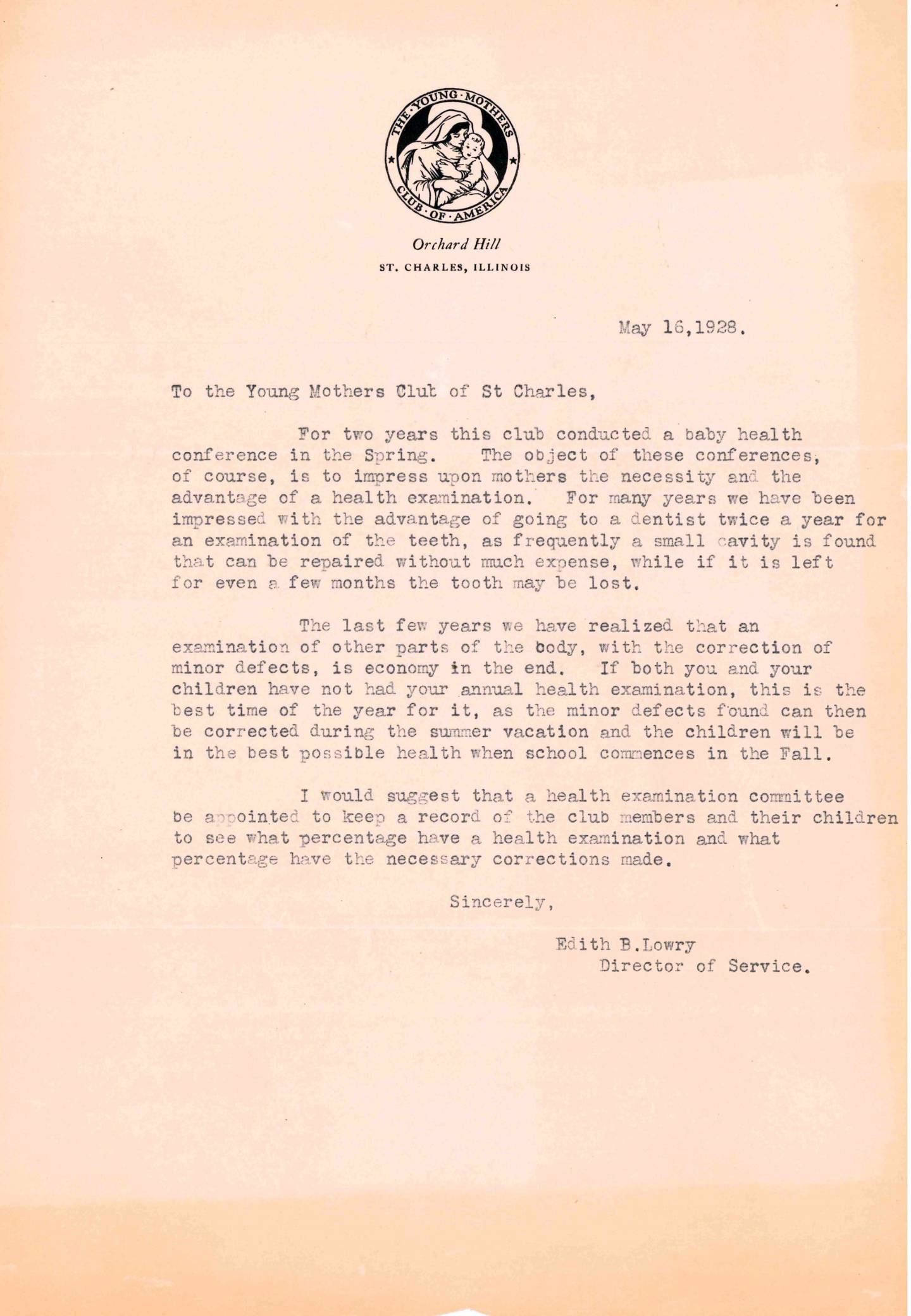 A letter to members of the Young Mothers Club of St. Charles (now the St. Charles Women's Club) from founder Edith Lowry in 1928, calling for the formation of a health examination committee.
