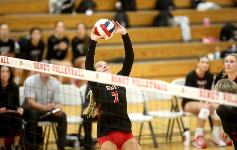 Benet’s Audrey Asleson sets the ball during a game against St. Charles North on Monday, Oct. 7, 2024 at Benet in Lisle.