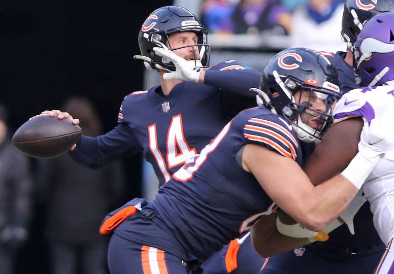 Chicago Bears quarterback Nathan Peterman throws a pass Sunday, Jan. 8, 2023, during their game against the Minnesota Vikings at Soldier Field in Chicago.