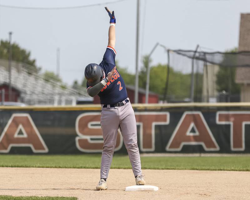 Oswego's Easton Ruby (2) celebrates after pulling up to second with a double during Class 4A Plainfield North Regional final baseball game between Oswego at Plainfield North. Saturday, May 31, 2025 in Plainfield.