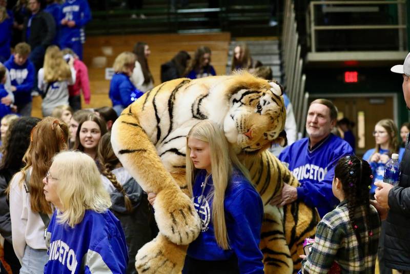 A Princeton students carries her Tiger out after Friday's Class 2A Orion Sectional championship at Geneseo.