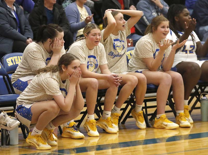 Johnsburg players react to a call during the IHSA Class 2A Johnsburg Sectional girls basketball championship game against St. Edward on Thursday, February, 26, 2026, at Johnsburg High School.