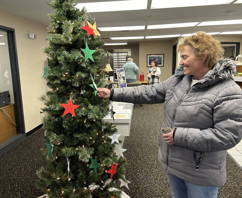 Teresa Jenkins looks over the stars on the tree at the First State Bank Shannon-Polo on Tuesday, Dec. 3, 2024. Each star has the name, age and size of children seeking donations.